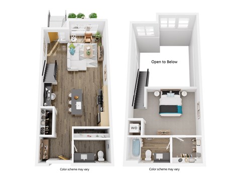 Floor plan for 1 bed, 1.5 baths, 910 sqft